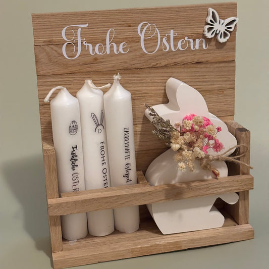 Oster Geschenkbox aus Holz – mit Keraflott-Hase & Osterkerzen – Frohe Ostern Deko-Set - handgemacht