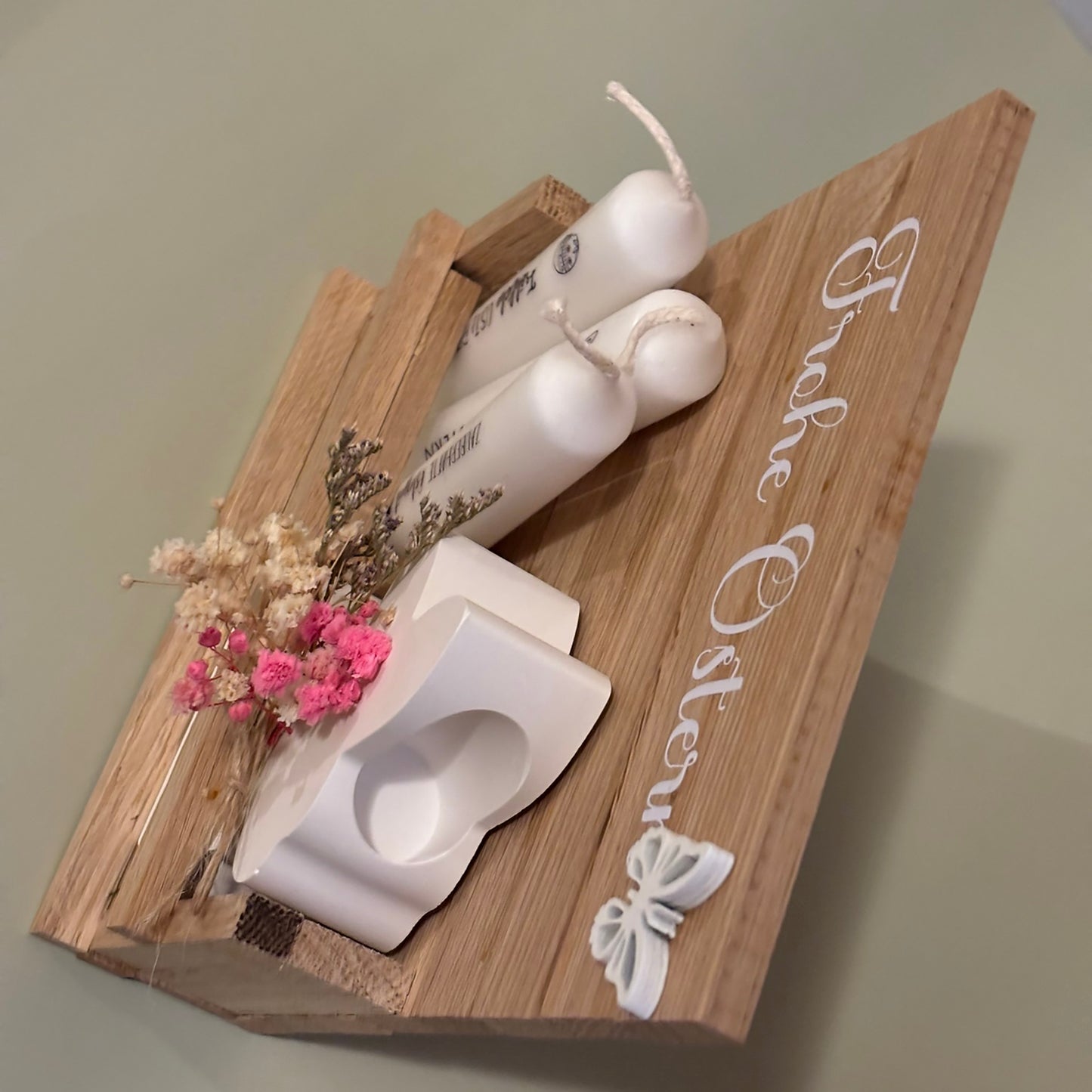 Oster Geschenkbox aus Holz – mit Keraflott-Hase & Osterkerzen – Frohe Ostern Deko-Set - handgemacht